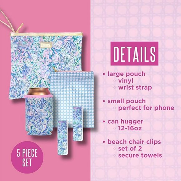 NEW Lilly Pulitzer "Soleil It On Me" Beach Day Set - Pouch, Coozie, Towel Clips - Picture 2 of 10